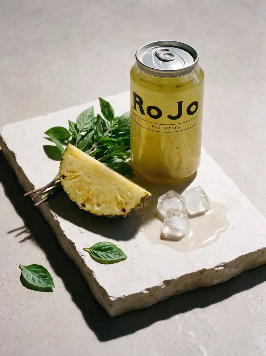 Una rebanada de piña y ramas de albahaca fresca junto a la lata, sobre una losa de piedra clara.