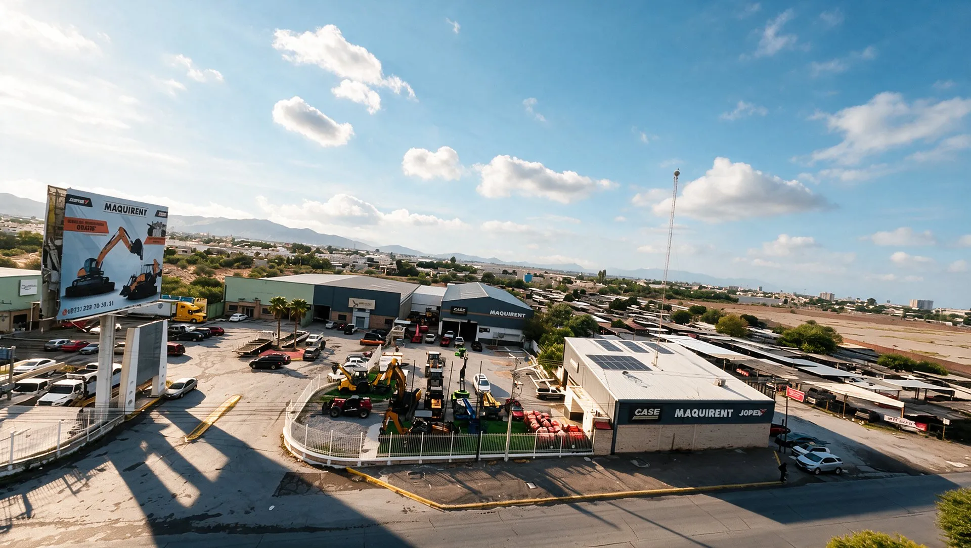 Vista aérea de las instalaciones de Maquirent Norte en Torreón, con patio de maquinaria