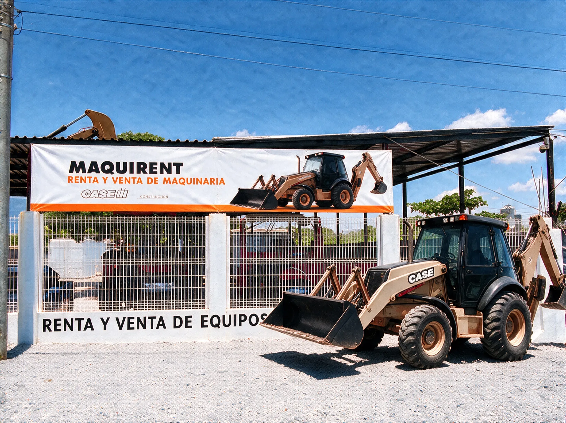 Fachada de Maquirent Salina Cruz sobre la Carretera Transístmica, con patio de maquinaria