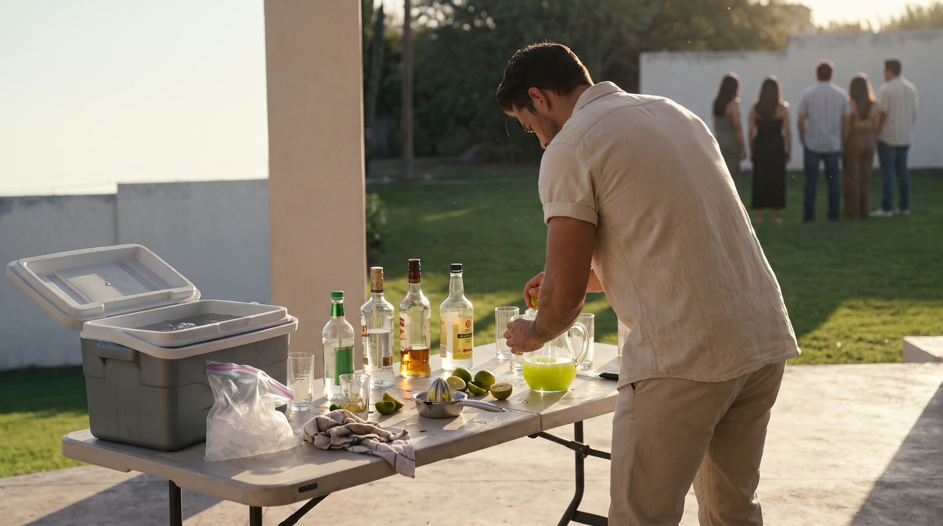 Un hombre exprime limones en una mesa plegable convertida en barra, de espaldas a sus invitados.