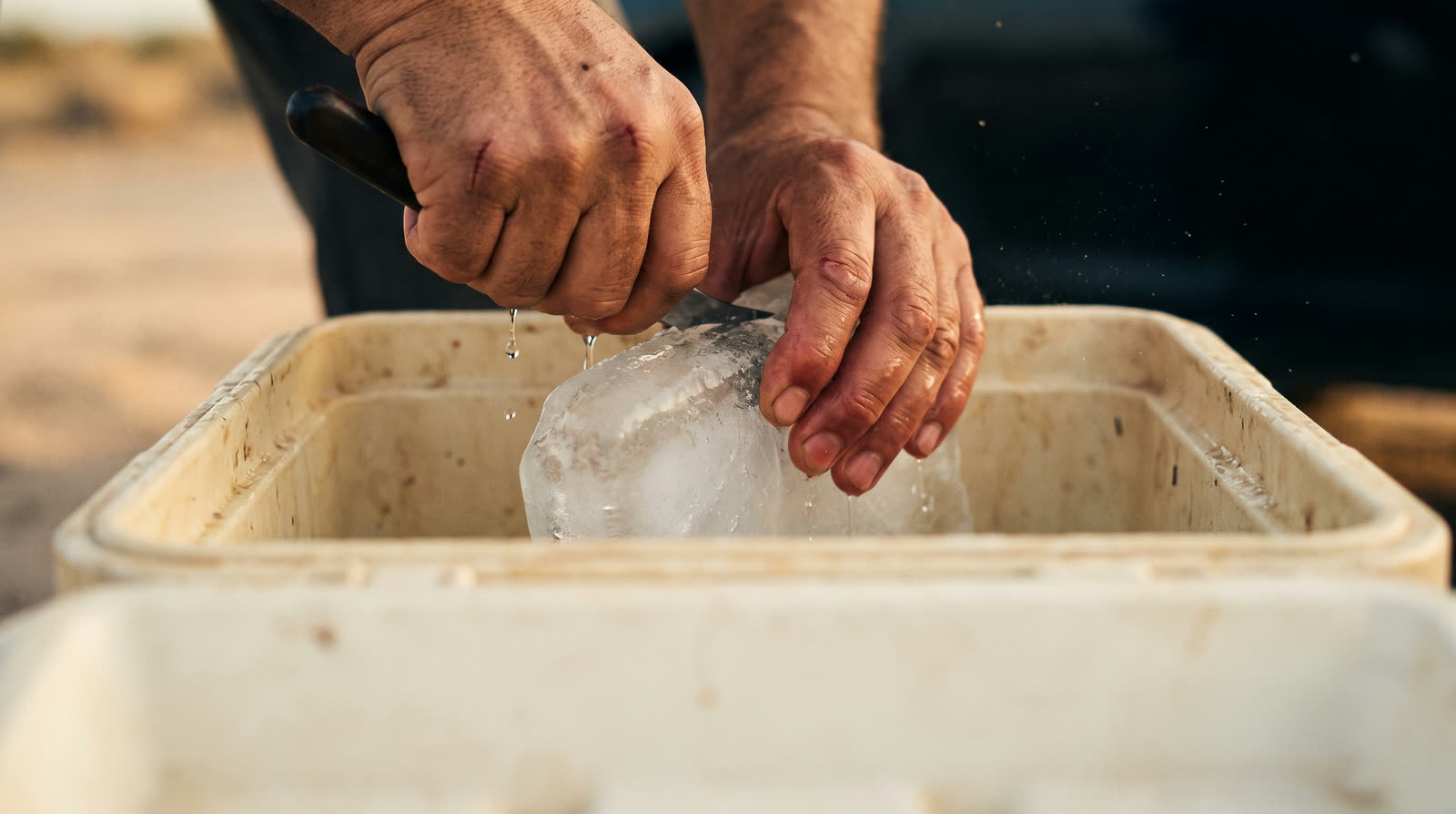 Manos partiendo un bloque de hielo medio derretido sobre una hielera.