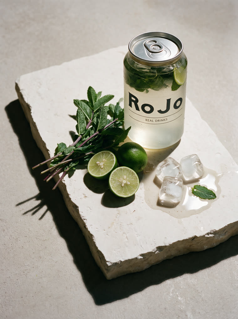 Hierbabuena y limones partidos junto a la lata de Mojito sobre una losa de caliza.