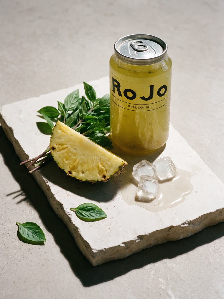 Rebanada de piña y albahaca junto a la lata de Tequila Pineapple sobre una losa de caliza.